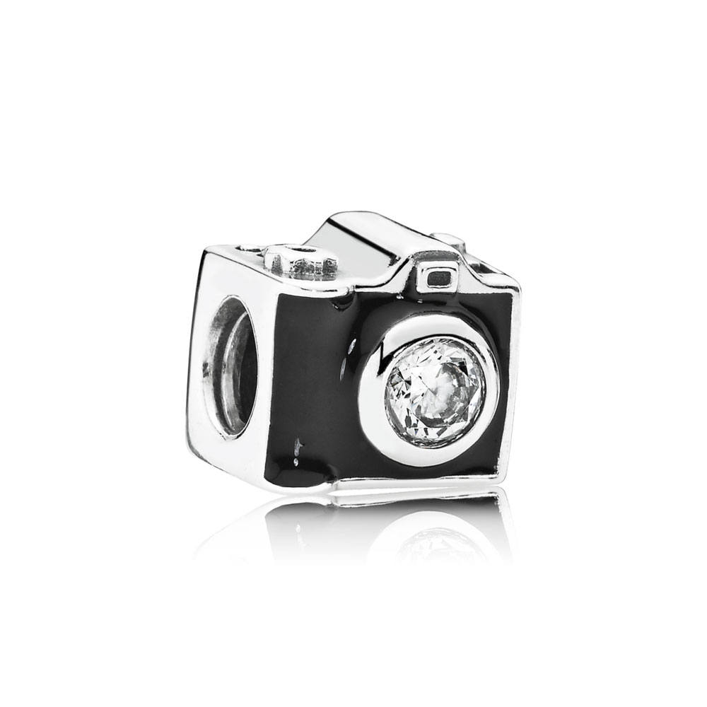 パンドラ camera silver charm with black enamel and cubic zirconia