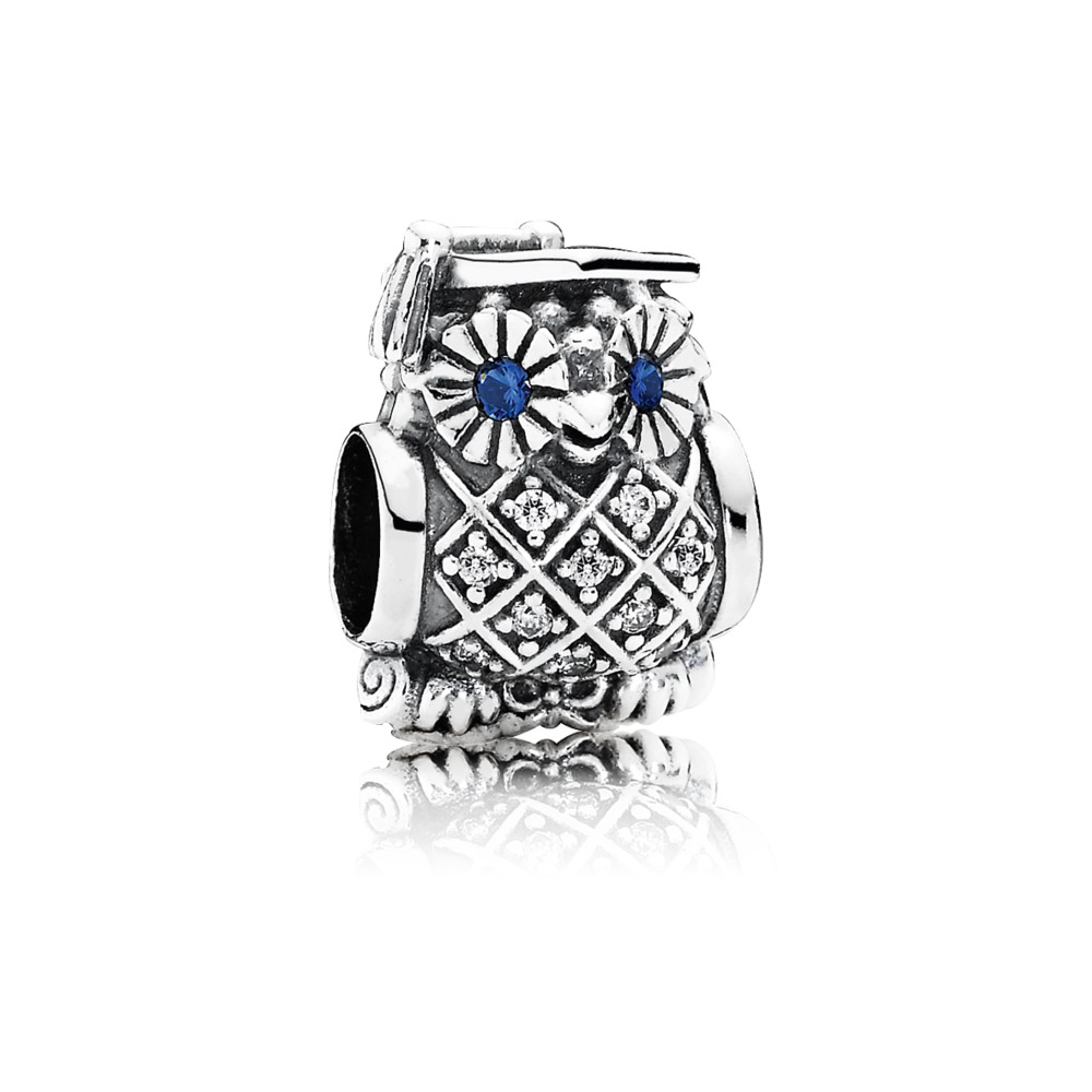 パンドラ owl silver charm with swiss blue crystal and cubic zirconia